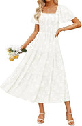 Women‘s Summer Boho Floral Midi Dress 2026 Casual Short Sleeve Square Neck Flowy Beach Vacation Long Dress
