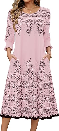 Women 2026 3/4 Sleeve Dress for Women Floral Midi Dresses for Casual Womens Dresses with Pockets